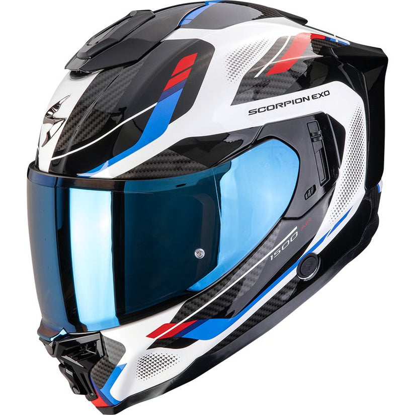 CASCO INTEGRAL SCORPION EXO 1500 AIR SLEEK BLANCO ROJO AZUL VISOR TRANSPARENTE + PINLOCK