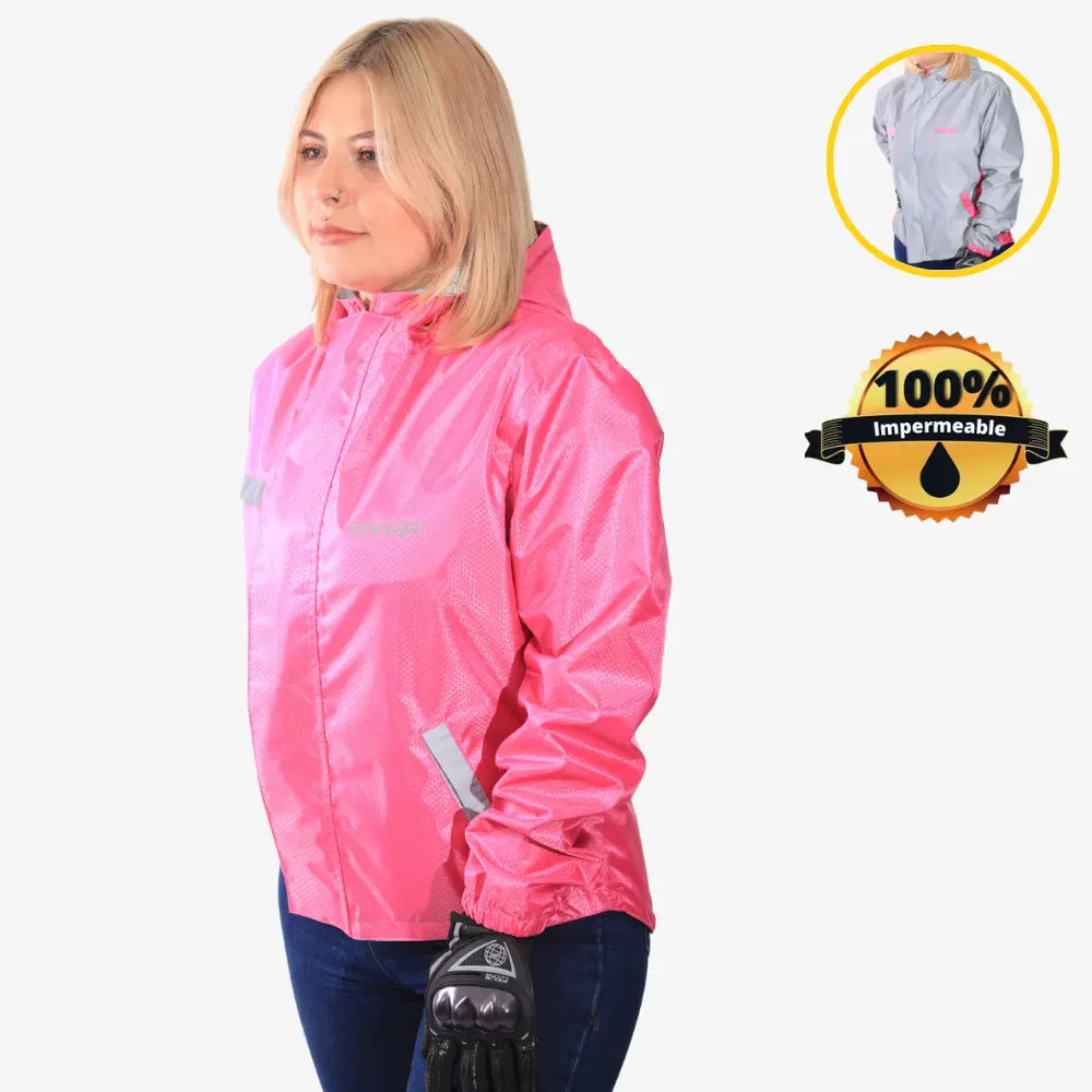 CHAQUETA REFLECTIVA MUJER DOBLE FAZ IMPERMEABLE ROSA OVER